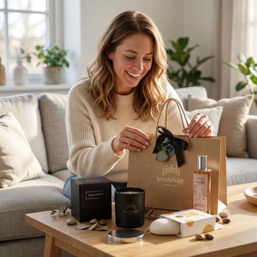 Candle & Skin Care Gift Set – Everyday Treat of a lady opening the Black Orchid Fragranced products