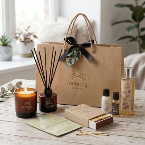 Candle & Skin Care Discovery Gift Set - with Amber Woods Candle, Frankincense Reed Diffuser, matching Dark Honey lotion, hand wash & body wash