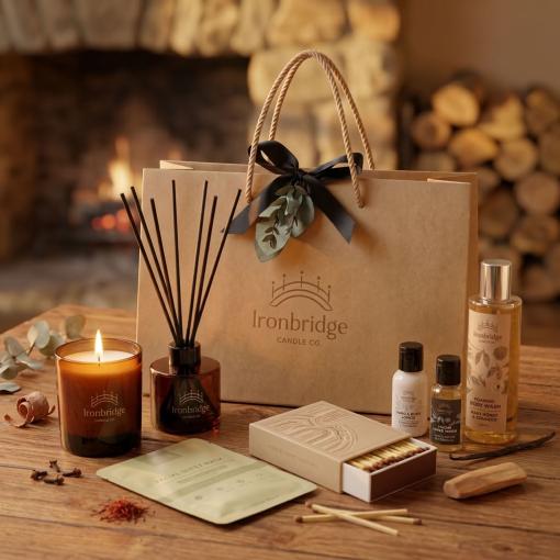 Candle & Skin Care Discovery Gift Set - with Amber Woods Candle, Frankincense Reed Diffuser, matching Dark Honey lotion, hand wash & body wash