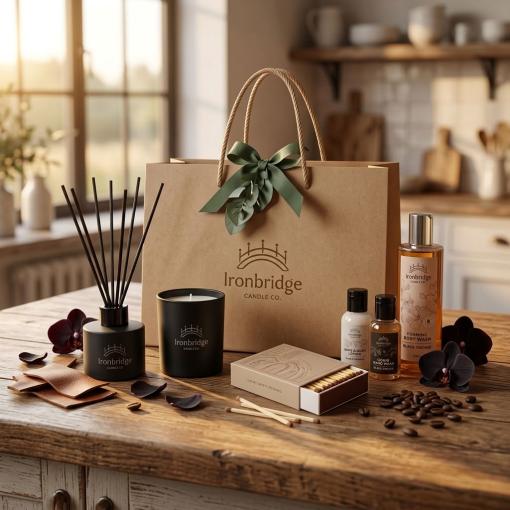Candle & Skin Care Discovery Gift Set - with tuscan leather Candle, Effete Reed Diffuser, matching black orchid lotion, hand wash & body wash, presented in a rigid branded gift boxbag
