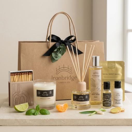 Candle & Skin Care Discovery Gift Set - with Lemongrass & Ginger Candle, Lime, Basil & Mandarin Reed Diffuser, Lime, Basil & Mandarin Hand wash & Lotion, and oasis body Wash