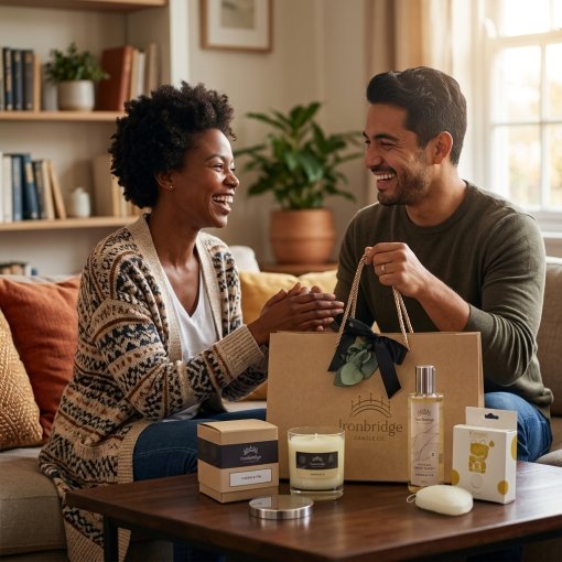 Cassis & Fig Candle & Skin Care Gift Set – Everyday Treat being presented as a gift, with candle, foaming body wash, candle lid and konjac sponge in a branded Ironbridge Candle Company BoxBag.