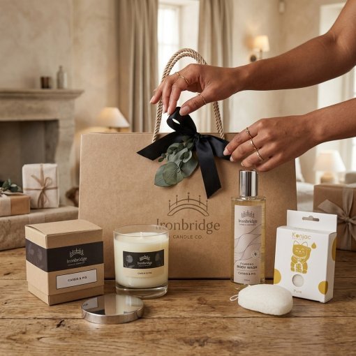 Cassis & Fig Candle & Skin Care Gift Set – Everyday Treat with candle, foaming body wash, candle lid and konjac sponge presented with a branded Ironbridge Candle Company gift BoxBag.