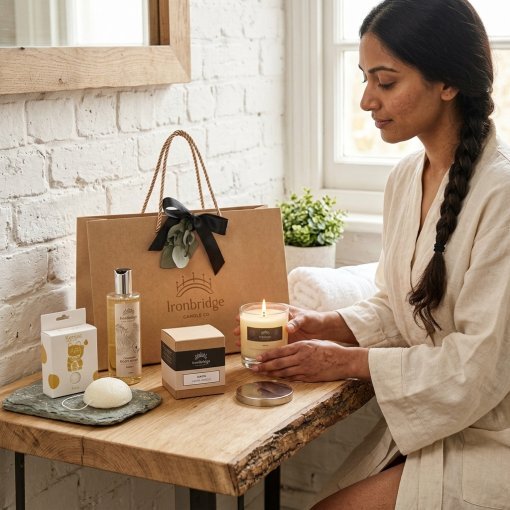 Candle & Skin Care Gift Set – Everyday Treat in Oasis. Lifestyle image showing a lady in a spa environment