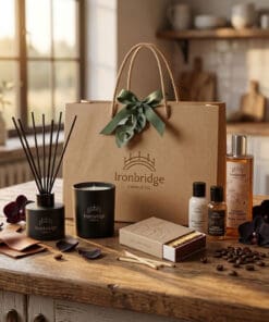 Candle & Skin Care Discovery Gift Set - with tuscan leather Candle, Effete Reed Diffuser, matching black orchid lotion, hand wash & body wash, presented in a rigid branded gift boxbag