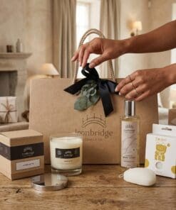 Cassis & Fig Candle & Skin Care Gift Set – Everyday Treat with candle, foaming body wash, candle lid and konjac sponge presented with a branded Ironbridge Candle Company gift BoxBag.