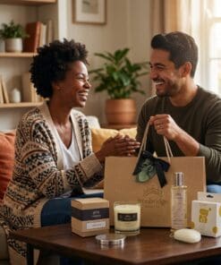 Cassis & Fig Candle & Skin Care Gift Set – Everyday Treat being presented as a gift, with candle, foaming body wash, candle lid and konjac sponge in a branded Ironbridge Candle Company BoxBag.