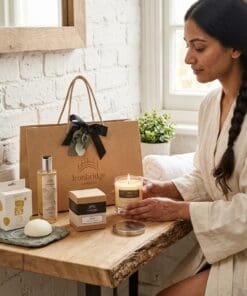 Candle & Skin Care Gift Set – Everyday Treat in Oasis. Lifestyle image showing a lady in a spa environment