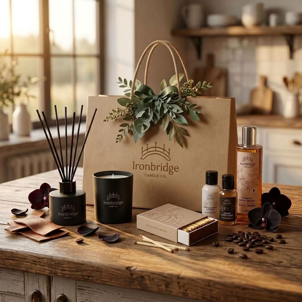 Candle & Skin Care Discovery Gift Set - with tuscan leather Candle, Effete Reed Diffuser, matching black orchid lotion, hand wash & body wash
