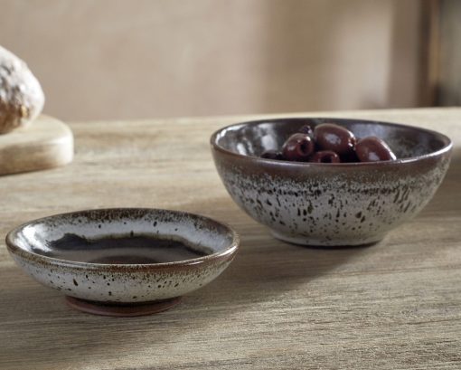 Cam Dipping Bowls in Mocha by Nkuku, set of two with a softly mottled cream and mocha glaze.