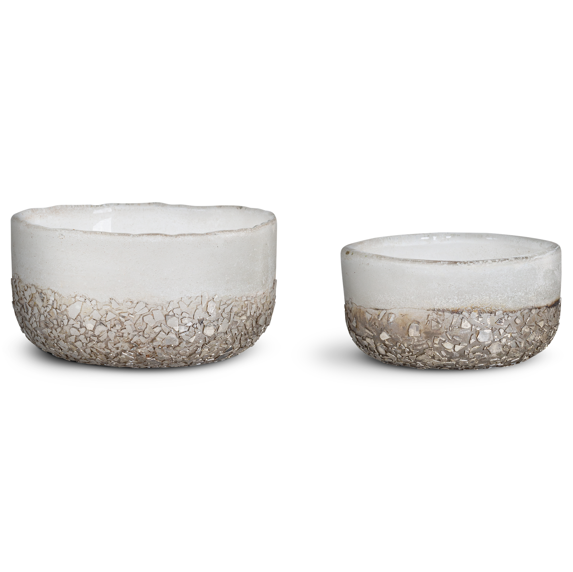 Riyara Recycled Glass Tealights in Silver Sparkle by Nkuku, set of two with an aged silver recycled glass finish.