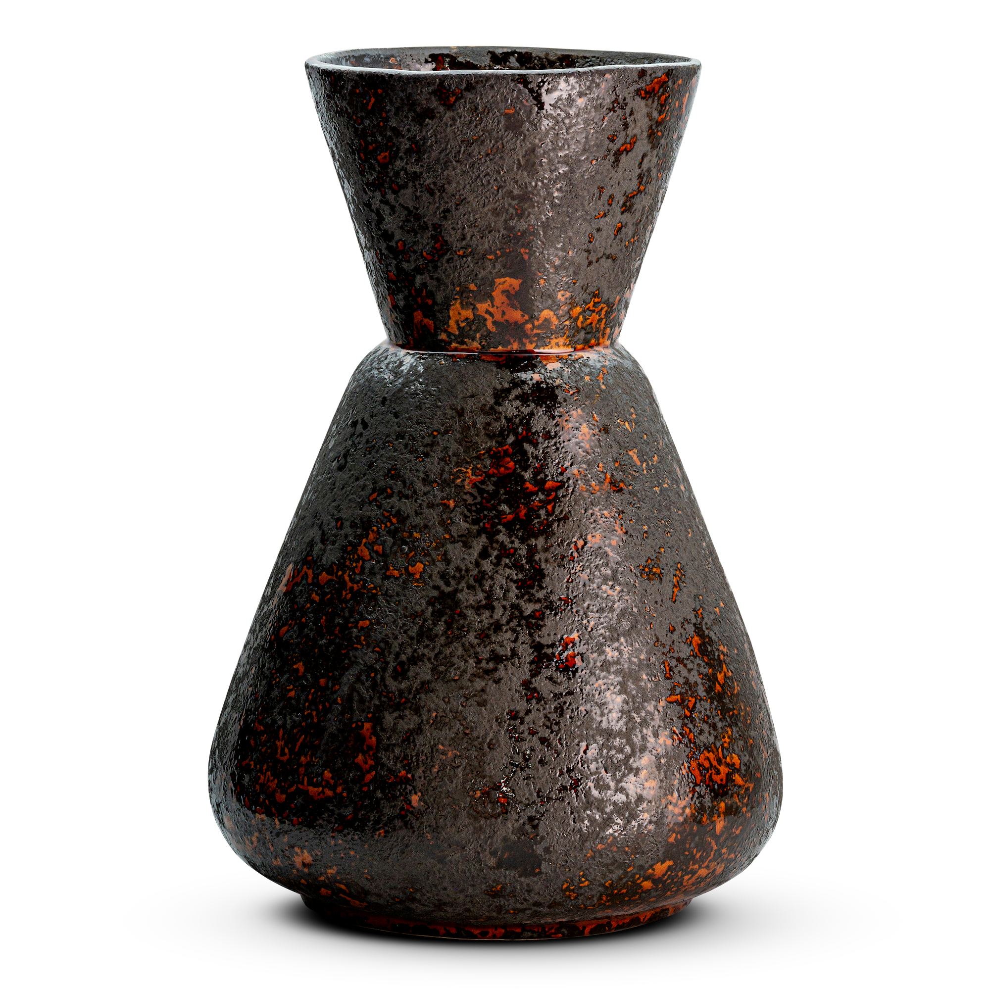 Brija Vase in Brown by Nkuku, an earthenware vase with a dark brown reactive glaze and softly textured surface.
