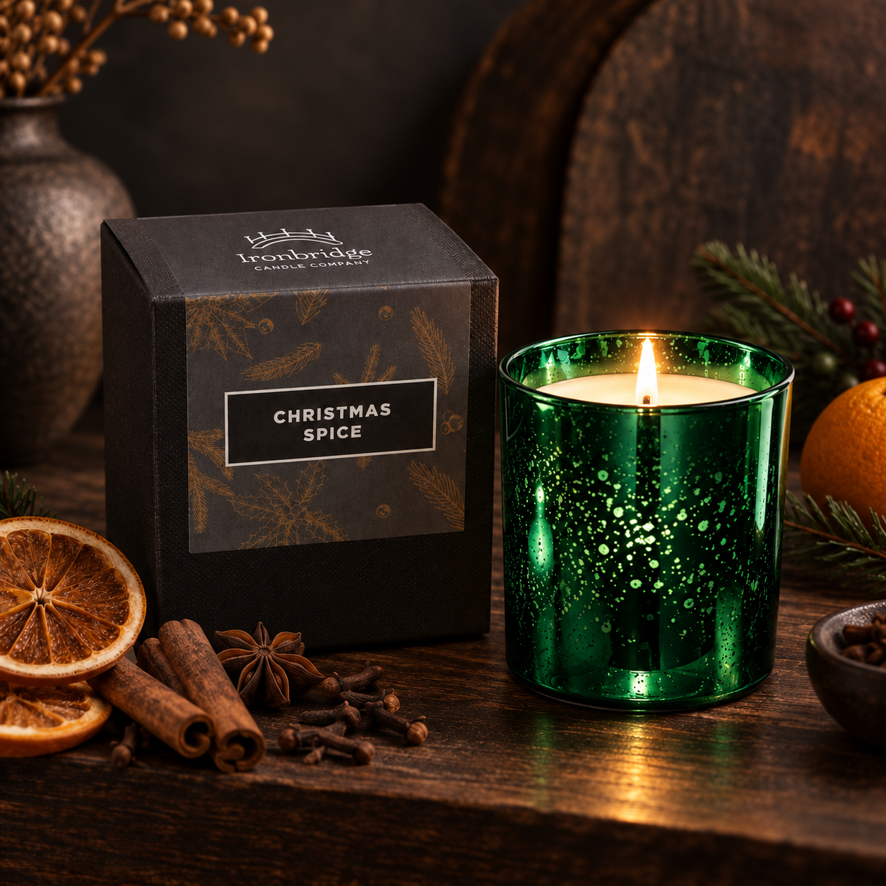 Christmas Spice Luxury Candle in emerald electroplated glass with branded gift box, dried orange, cinnamon, cloves and star anise.