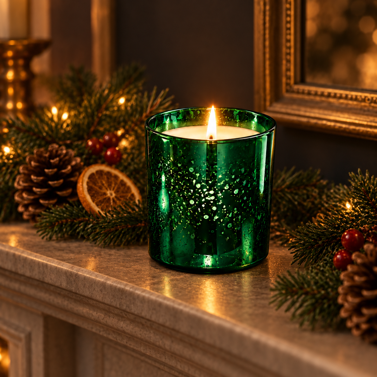 Christmas Spice Luxury Candle in emerald electroplated glass lit on a fireplace mantel with subtle Christmas greenery and warm seasonal decoration.