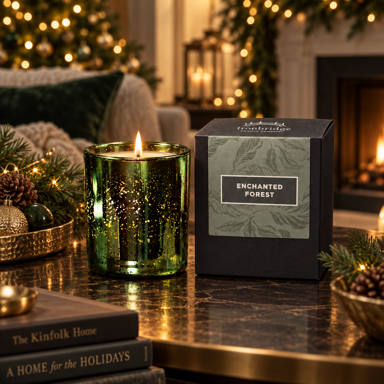 Enchanted Forest Luxury Candle in emerald electroplated glass lit beside its branded box in a warm festive living room.