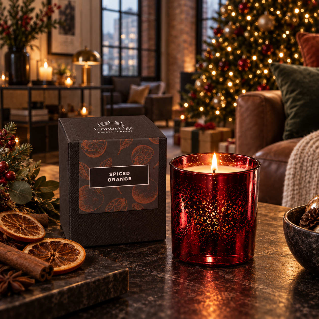Spiced Orange Luxury Scented Candle in a stunning electroplated ruby glass styled in an urban loft room in a Christmas Setting