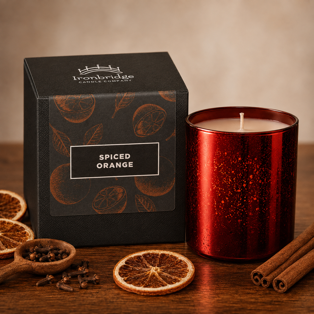Spiced Orange Luxury Scented Candle in an Electroplated Ruby Glass Unlit