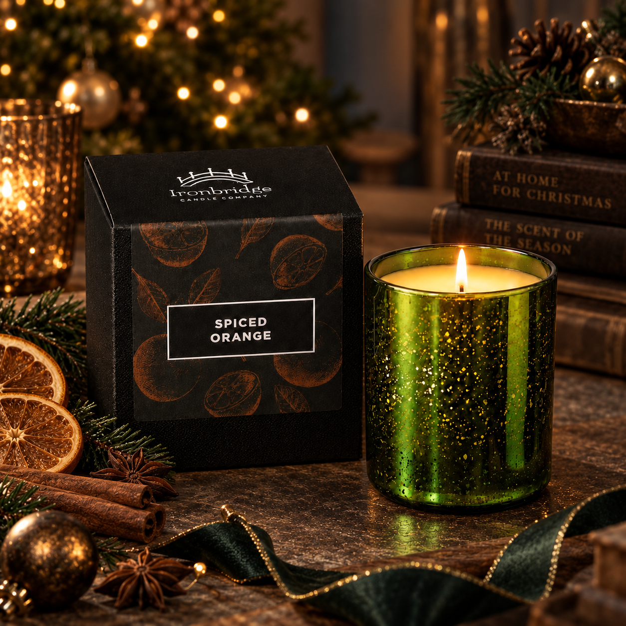 Spiced Orange Luxury Scented Candle in a stunning electroplated Emerald glass styled in a Christmas Setting