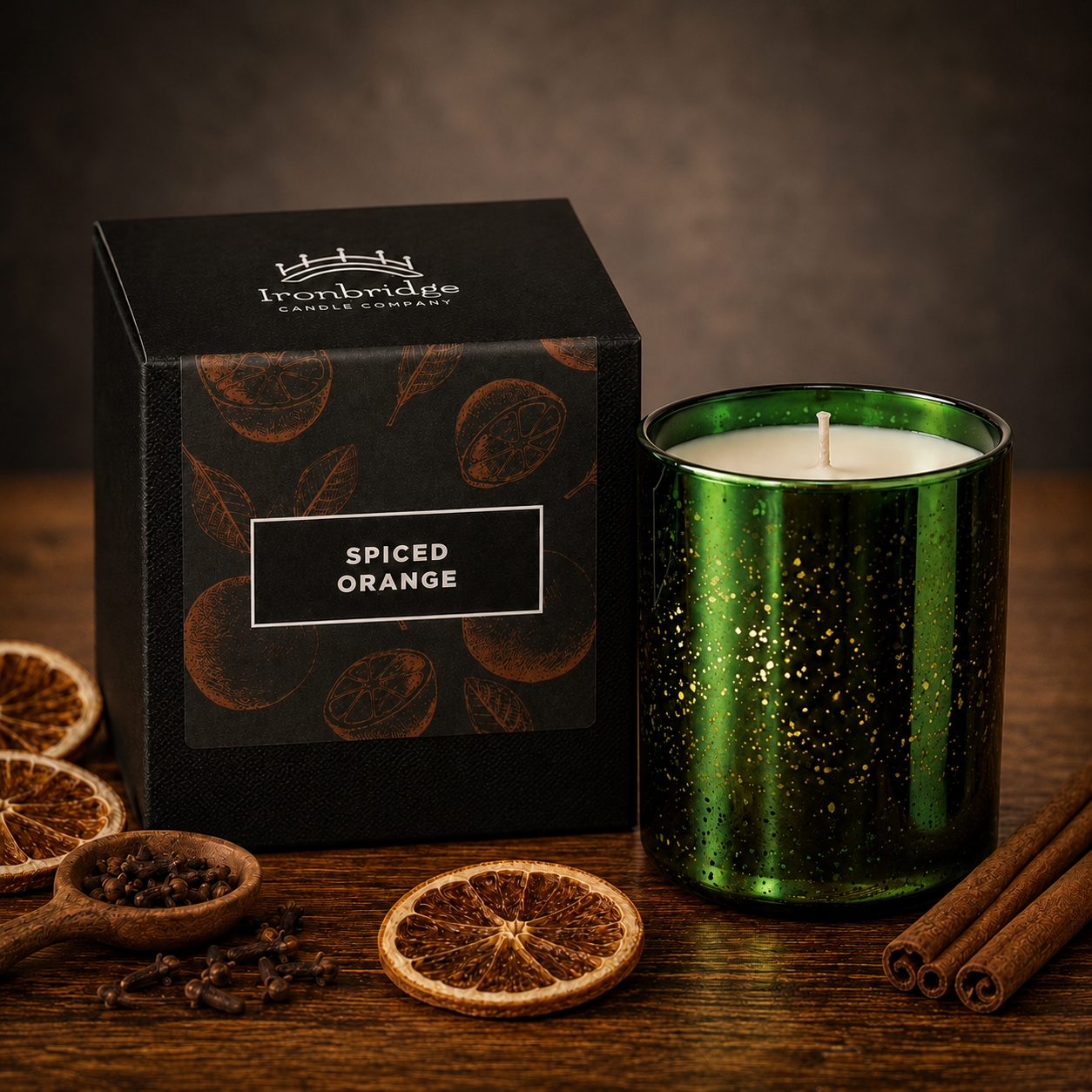 Spiced Orange Luxury Scented Candle in an Electroplated Emerald Glass - lit