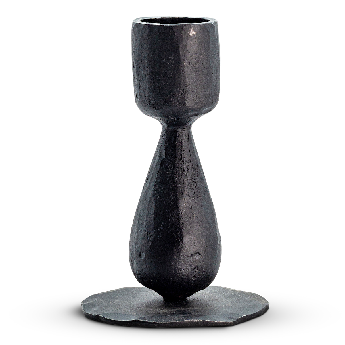Close-up of the Suba Candle Holder in Black by Nkuku showing the hand-forged textured iron finish.