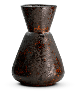 Brija Vase in Brown by Nkuku, an earthenware vase with a dark brown reactive glaze and softly textured surface.
