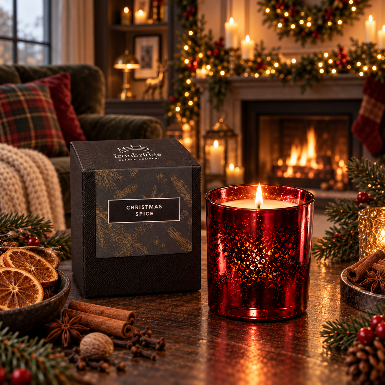 Christmas Spice Luxury Candle in ruby electroplated glass lit beside its branded box in a warm Christmas fireplace setting.