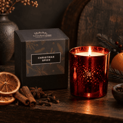 Christmas Spice Luxury Candle in ruby electroplated glass with branded box, dried orange, cinnamon, cloves and star anise.