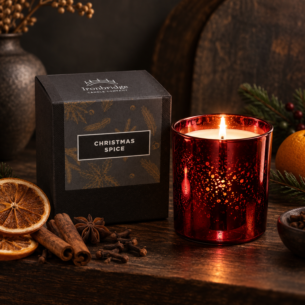 Christmas Spice Luxury Candle in ruby electroplated glass with branded box, dried orange, cinnamon, cloves and star anise.
