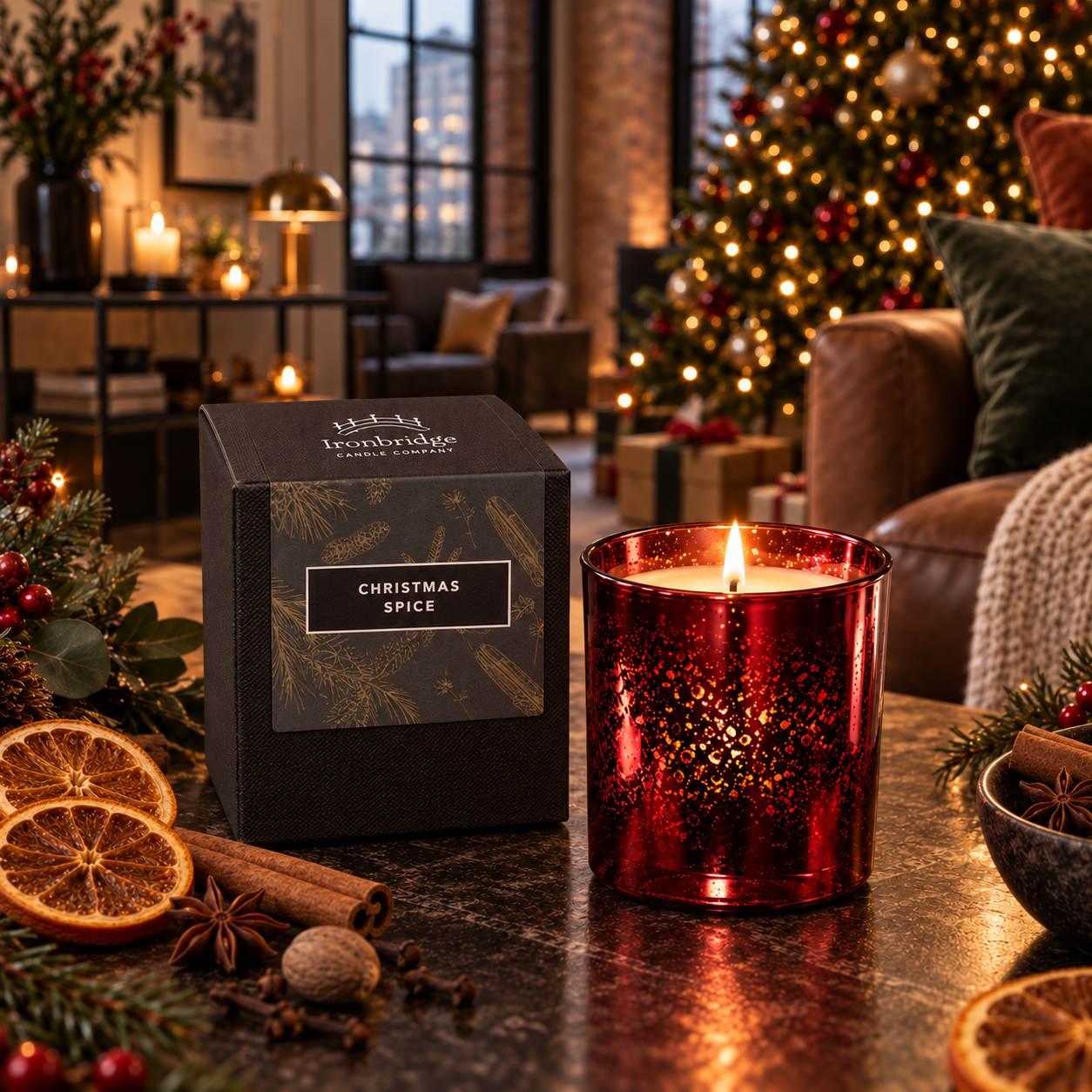Christmas Spice Luxury Candle in ruby electroplated glass lit beside its branded box in a festive Christmas room.