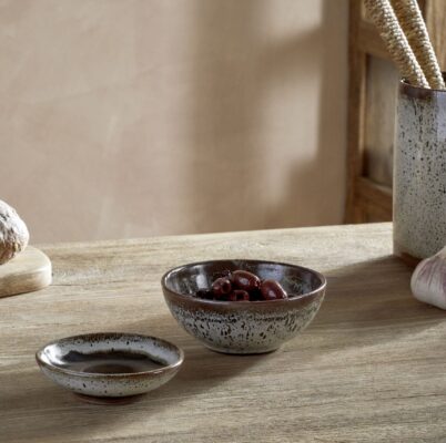 Cam Dipping Bowls in Mocha by Nkuku, set of two with a softly mottled cream and mocha glaze.
