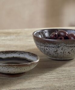 Cam Dipping Bowls in Mocha by Nkuku, set of two with a softly mottled cream and mocha glaze.