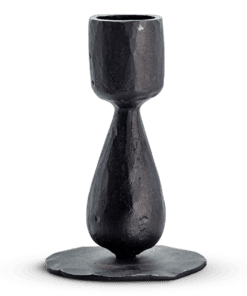 Close-up of the Suba Candle Holder in Black by Nkuku showing the hand-forged textured iron finish.