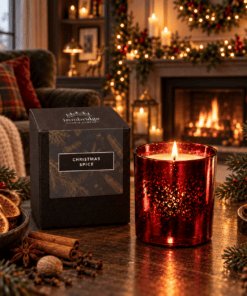 Christmas Spice Luxury Candle in ruby electroplated glass lit beside its branded box in a warm Christmas fireplace setting.