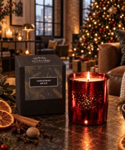 Christmas Spice Luxury Candle in ruby electroplated glass lit beside its branded box in a festive Christmas room.