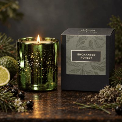 Enchanted Forest Luxury Candle in emerald electroplated glass with branded box, bergamot, blackcurrant, moss, pine and wildflowers.