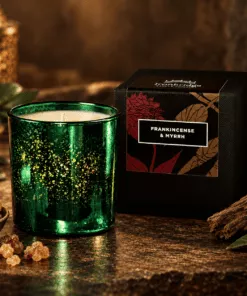 Frankincense & Myrrh Luxury Scented Candle in Limited Edition emerald electroplated glass with branded gift box and warm woody fragrance accents.