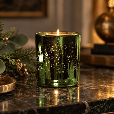 Lit Frankincense & Myrrh Luxury Scented Candle in Limited Edition emerald electroplated glass, with a warm woody, sweet and musky fragrance.