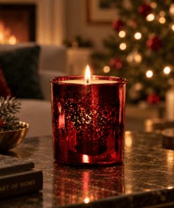 Frankincense & Myrrh Luxury Candle in ruby electroplated glass lit in a warm festive lounge with a softly glowing Christmas tree in the background.