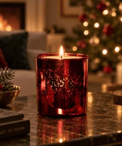 Frankincense & Myrrh Luxury Candle in ruby electroplated glass lit in a warm festive lounge with a softly glowing Christmas tree in the background.