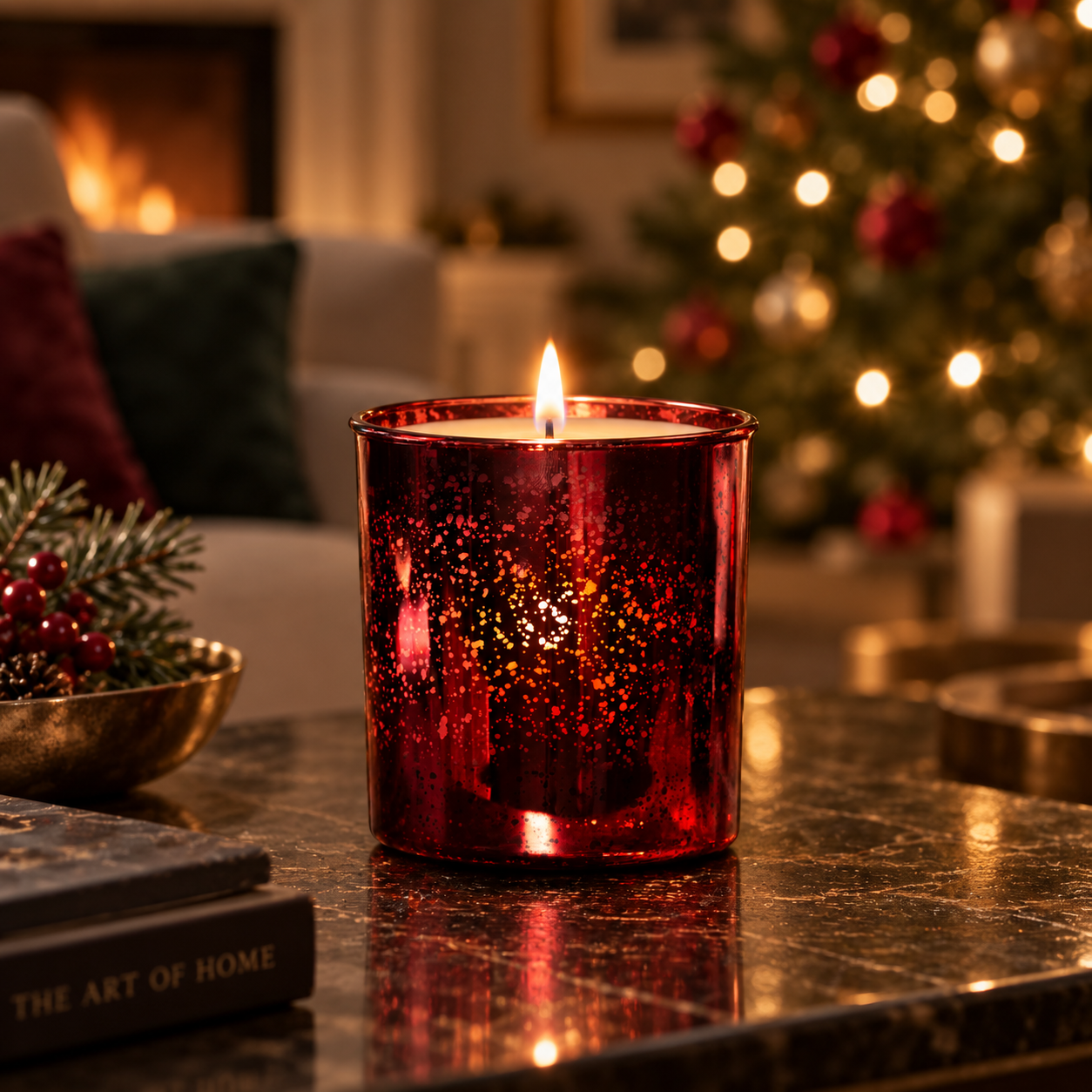 Frankincense & Myrrh Luxury Candle in ruby electroplated glass lit in a warm festive lounge with a softly glowing Christmas tree in the background.