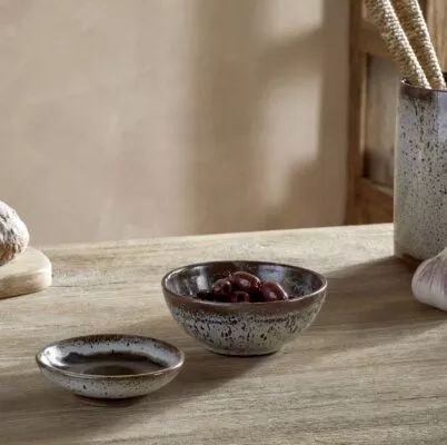 Cam Dipping Bowls in Mocha by Nkuku, set of two with a softly mottled cream and mocha glaze.