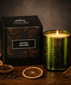 Spiced Orange Luxury Scented Candle in an Electroplated Emerald Glass - lit
