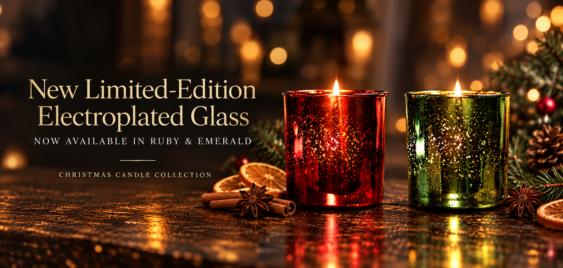 Limited Edition Christmas Candles in Rub and Emerald electroplated glass